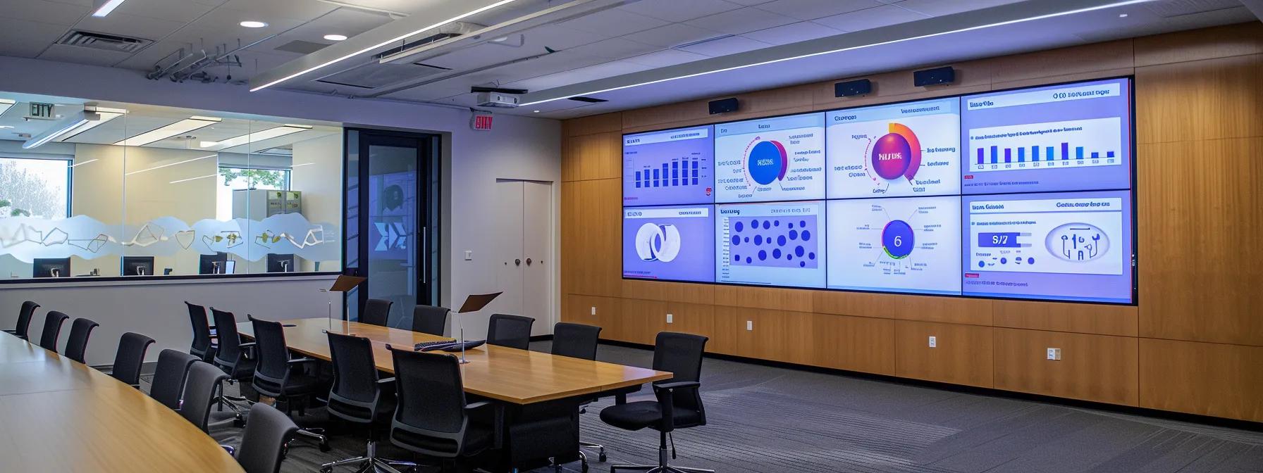 a sharp, modern office conference room features a large digital display showcasing a side-by-side comparison of stump grinding and tree removal, with visually striking infographics emphasizing their key differences against a sleek, minimalist backdrop.