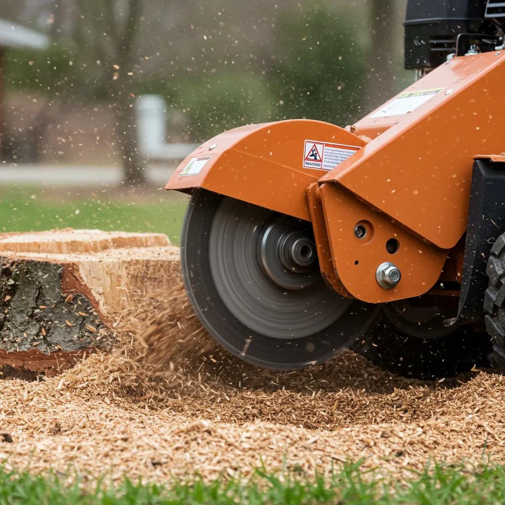 Close-up of a stump grinder cutting wheel in action, illustrating the stump grinding process