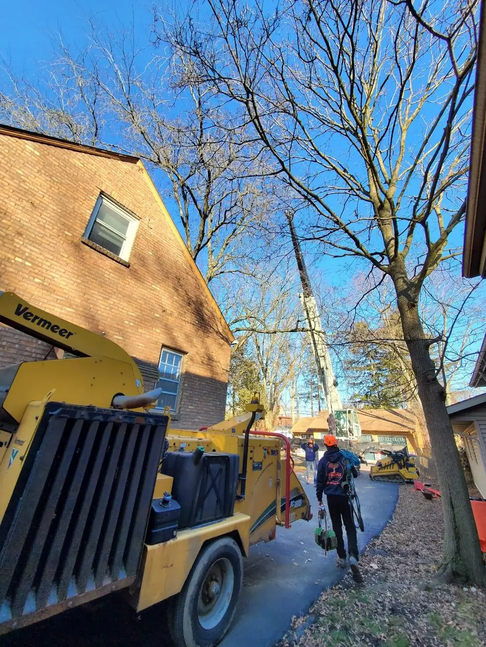 Prime Tree Care crew with a wood chipper and aerial lift preparing for residential tree work in Blue Island, Illinois.